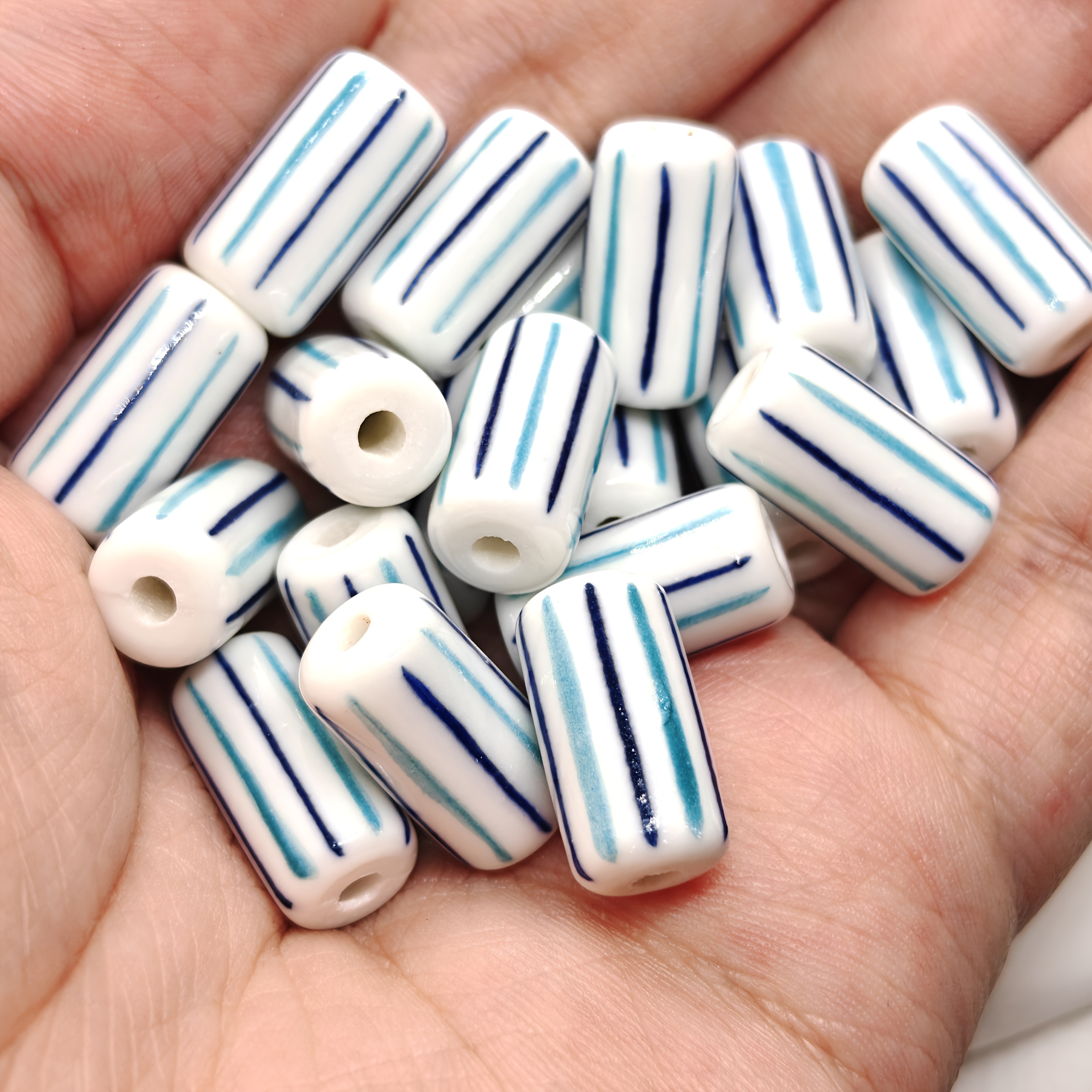 4 Ceramic Beads with Vertical Stripes for Jewellery Making